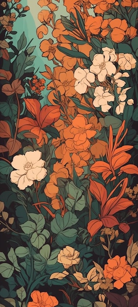Eine Tapete mit orange-weißen Blumen und Blättern.