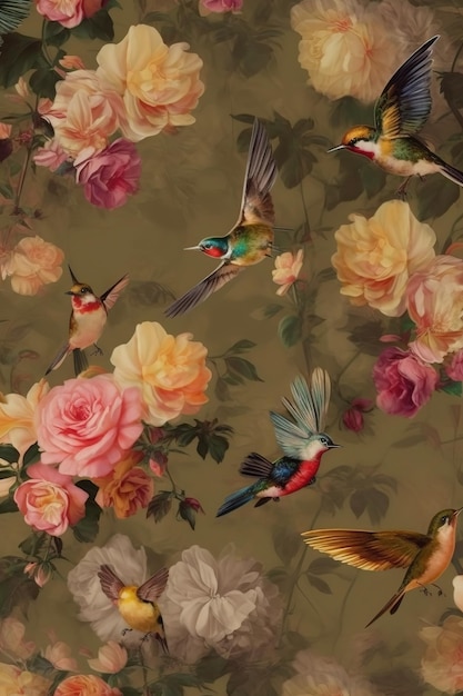 Eine Tapete mit Vögeln und Blumen darauf.