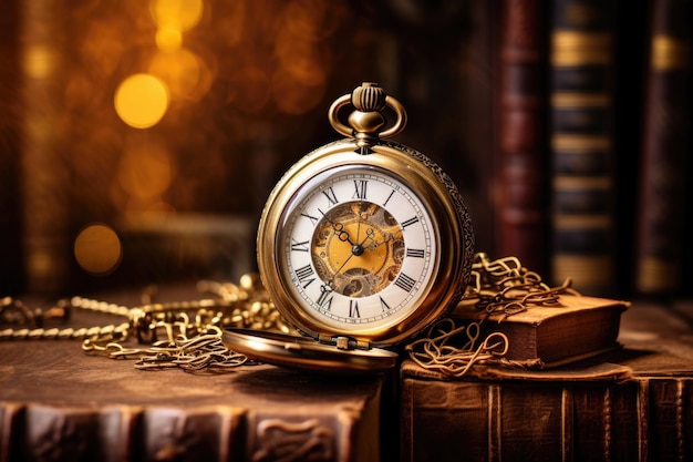 Eine Taschenuhr auf einem Buch, die die Verbindung zwischen Zeit und Wissen symbolisiert Vintage-Uhr, die an einer Kette auf dem Hintergrund alter Bücher hängt