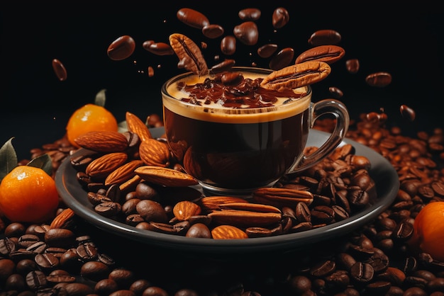 Foto eine tasse aromatischer schwarzer kaffee mit fliegenden tropfen mandelnüsse orangen und kaffeebohnen