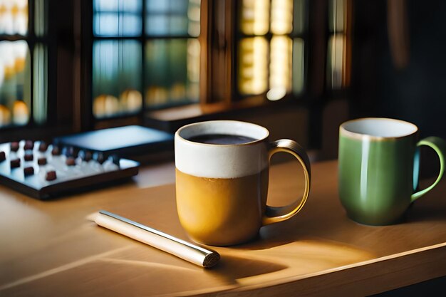 eine Tasse Bier sitzt auf einem Tisch mit einem grünen Becher