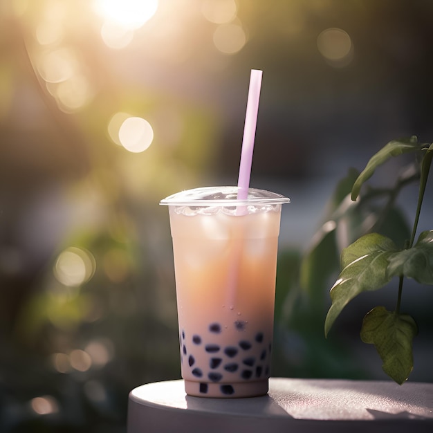 Eine Tasse Bubble Tea mit einem Strohhalm und einem Strohhalm an der Seite.