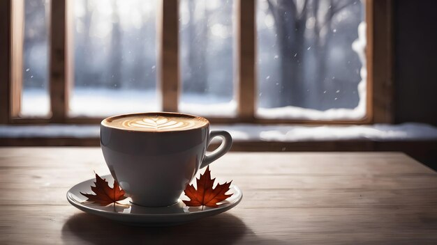 Eine Tasse Cappuccino auf dem Tisch in der Nähe des Fensters
