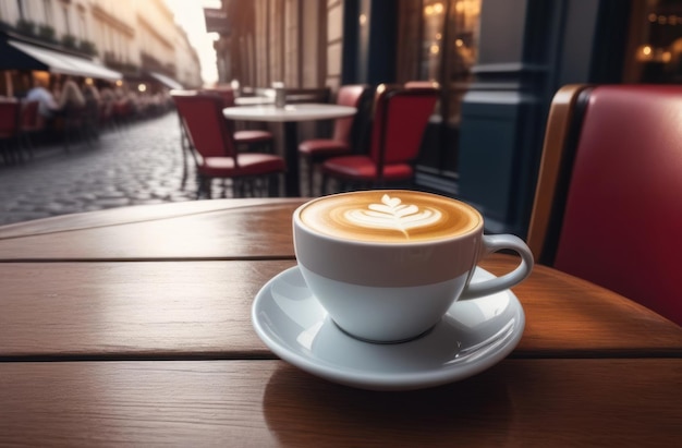 Eine Tasse Cappuccino-Kaffee mit Milch auf einem Holztisch in einem Café im französischen Straßencafé