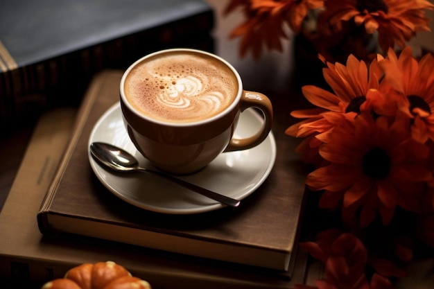 eine Tasse Cappuccino mit Blumen auf einem Tisch