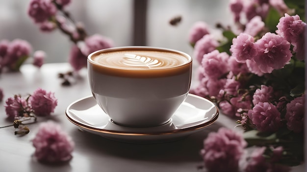 eine Tasse Cappuccino mit Blumen im Hintergrund