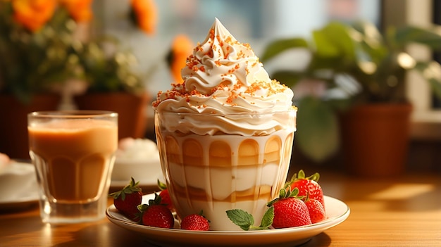 Eine Tasse Dessert mit Schlagsahne-Erdbeeren auf orangefarbenem Hintergrund