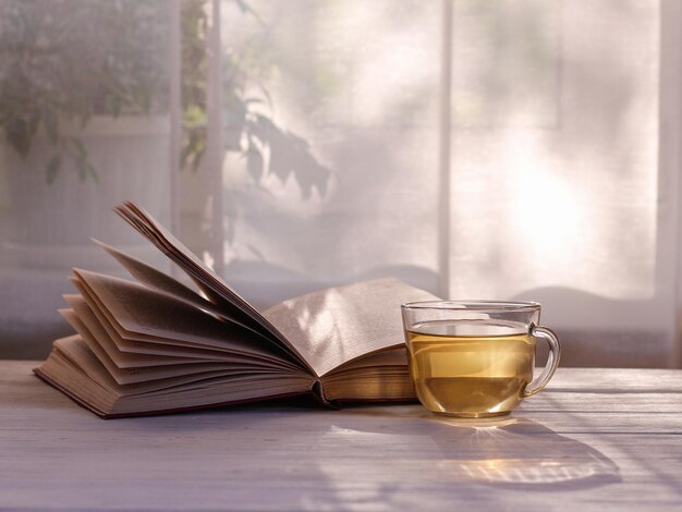 Eine Tasse grüner Tee ein offenes Buch auf einem weißen Holztisch im Sonnenlicht Book Lovers Day