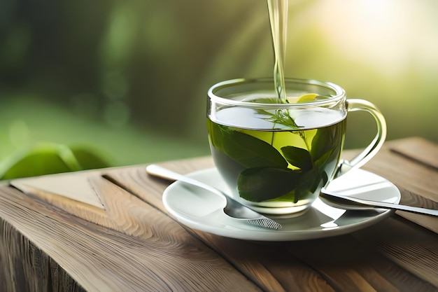 Eine Tasse grüner Tee wird in ein Glas gegossen.
