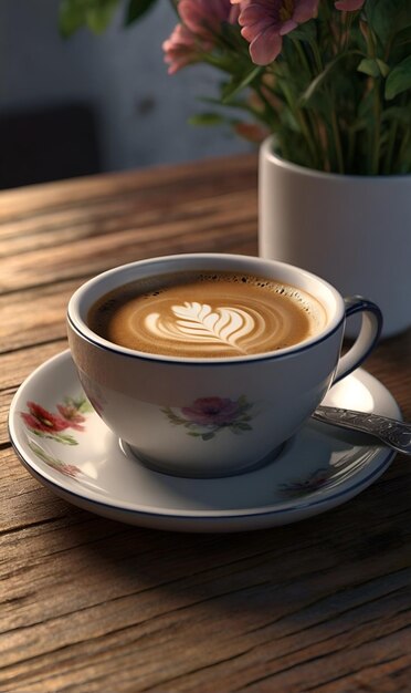 Eine Tasse heiß gebrauten Kaffees mit Sahne auf dem Tisch, eine Vase mit Blumen im Hintergrund