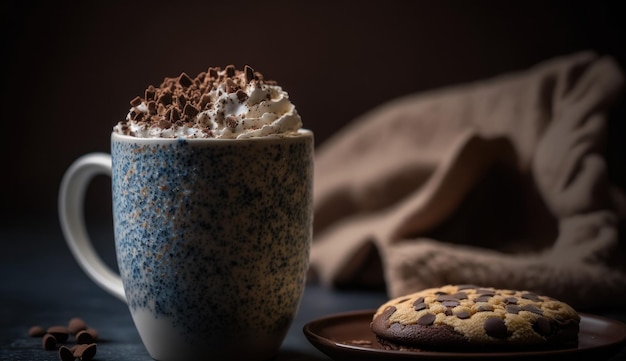 Eine Tasse heiße Schokolade mit einem Keks daneben