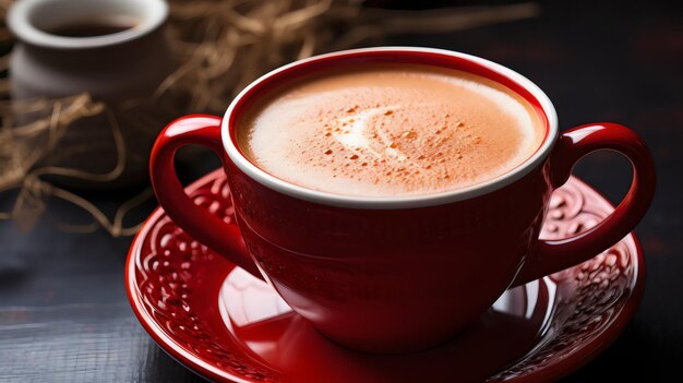 eine Tasse heiße Schokolade mit einem roten Deckel und eine rote Tasse heißer Schokolade