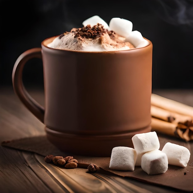 Eine Tasse heiße Schokolade mit Marshmallows und Zimtstangen auf einem Holztisch.