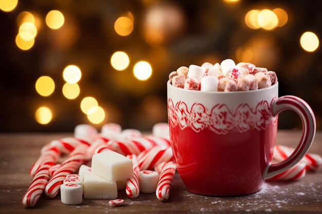 Eine Tasse heiße Schokolade mit Marshmallows und Zuckerrohr