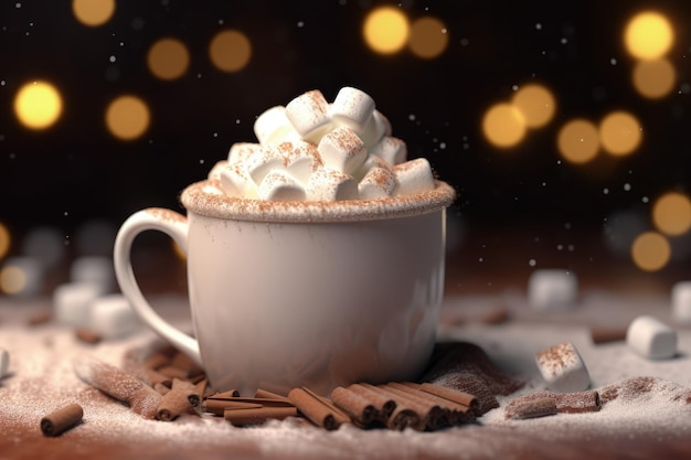 Eine Tasse heiße Schokolade mit Schlagsahne und Marshmallows auf verschwommenem Hintergrund.