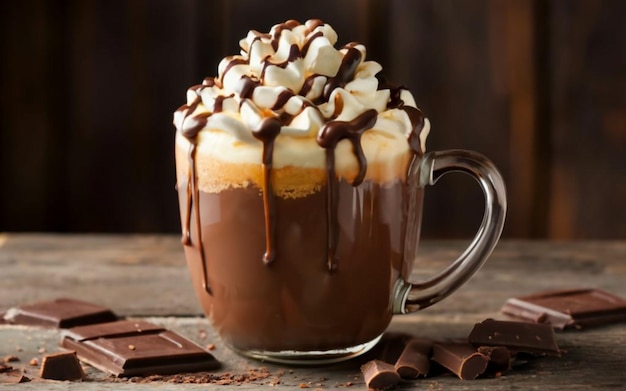 Eine Tasse heiße Schokolade mit Schlagsahne und Schokoladenchips