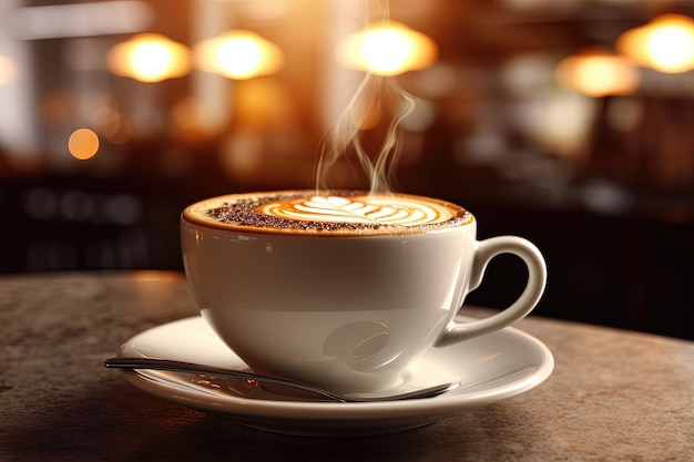 Eine Tasse heißen Cappuccino-Kaffee in einem Café mit einem Croissant