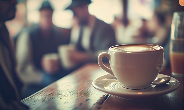 Foto eine tasse heißen kaffee auf dem tisch in einem café mit generativer ki mit geringer schärfentiefe