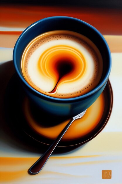 Eine Tasse heißen Kaffee mit Zimt auf der Untertasse und Bohnen auf realistischen