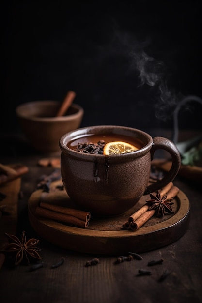 Eine Tasse heißen Tee mit Zitronen- und Zimtstangen auf einem Holztisch.