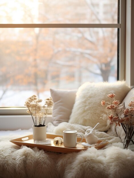 Eine Tasse heißen Tee und Kerzen auf dem Fensterbrett im Winter