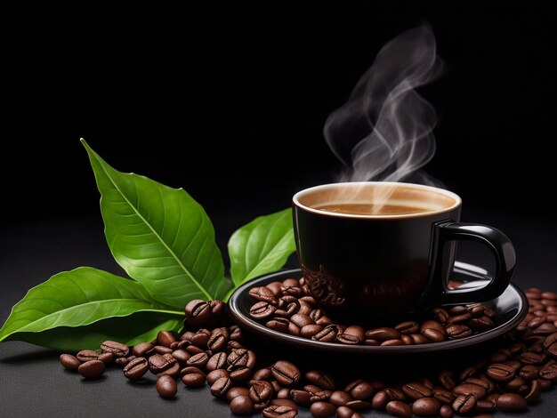 eine Tasse heißer dampfender Kaffee auf schwarzem Hintergrund