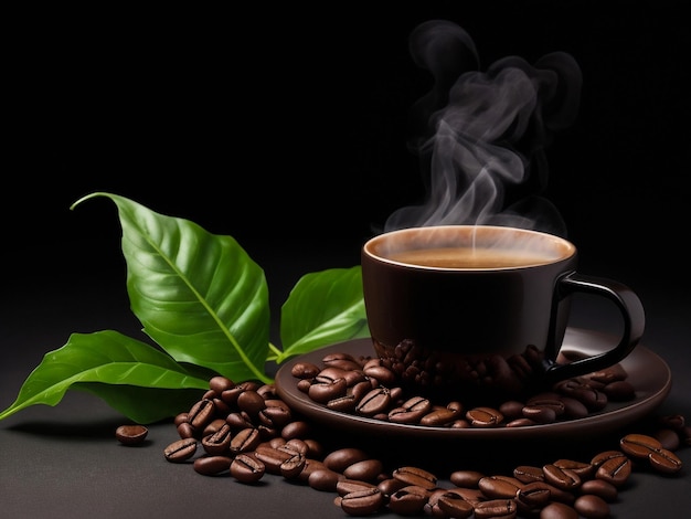 eine Tasse heißer dampfender Kaffee auf schwarzem Hintergrund