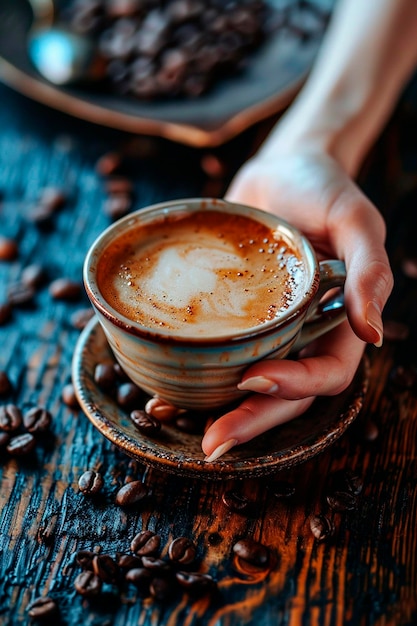 eine Tasse heißer Kaffee in den Händen Selektive Fokussierung