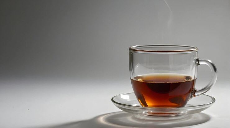 Eine Tasse heißer Tee in einem durchsichtigen Glasbecher und einer Untertasse