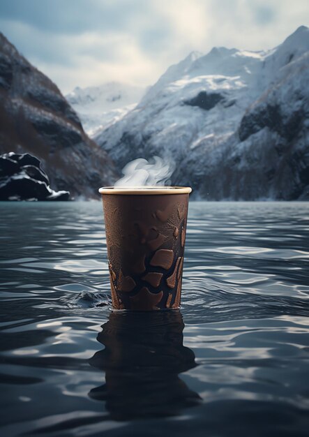 eine Tasse heißes Getränk in Wasser mit Bergen im Hintergrund