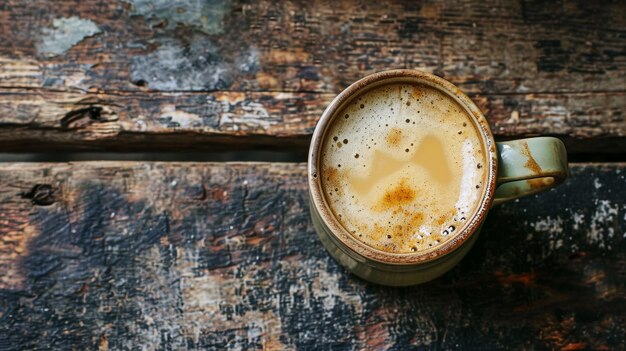 Eine Tasse Kaffee auf dem rustikalen Holztisch Draufsicht Generative KI