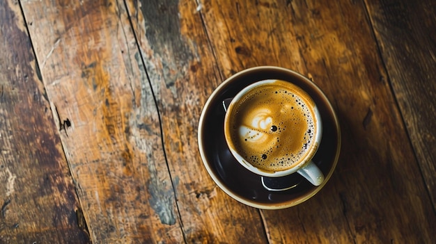 Eine Tasse Kaffee auf dem rustikalen Holztisch Draufsicht Generative KI