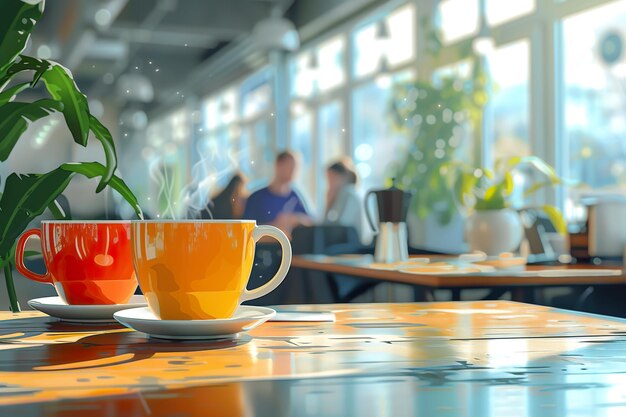 Eine Tasse Kaffee auf dem Tisch im Büro im Hintergrund mit Büroangestellten