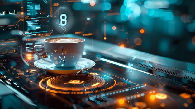 Eine Tasse Kaffee auf dem Tisch mit leuchtendem Hintergrund Generative KI-Illustrationen