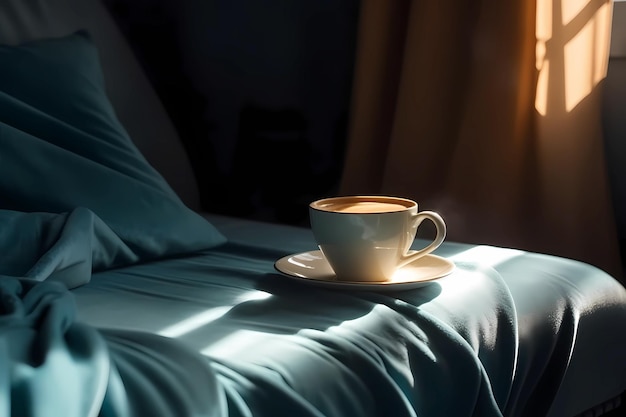 eine Tasse Kaffee auf der gemütlichen blauen Couch AI Generated