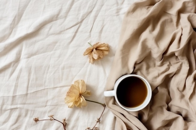 Eine Tasse Kaffee auf einem Bett mit Blumen