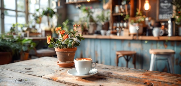 Eine Tasse Kaffee auf einem Holztisch Generative KI