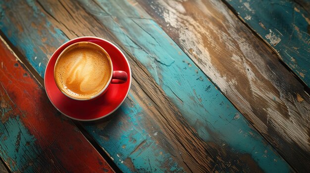 eine Tasse Kaffee auf einem Holztisch im Retrostil