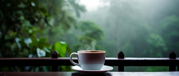 Eine Tasse Kaffee auf einem Holztisch mit Blick auf den Dschungel. Generative KI