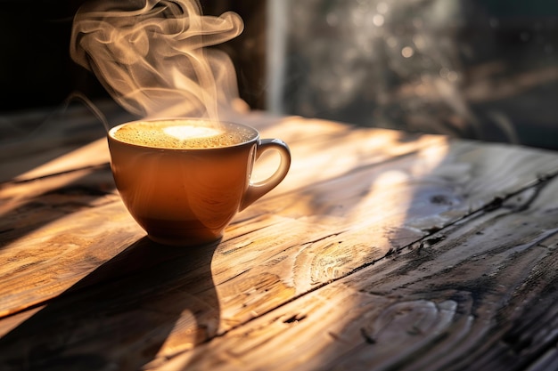 Eine Tasse Kaffee auf einem Holztisch mit Dampf