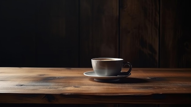 Eine Tasse Kaffee auf einem Holztisch mit schwarzem Hintergrund.