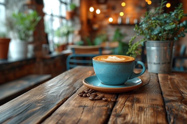 Foto eine tasse kaffee auf einem holztisch