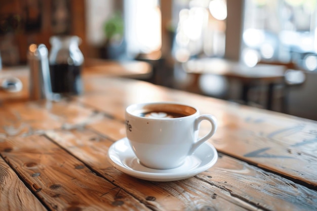 Eine Tasse Kaffee auf einem Holztisch