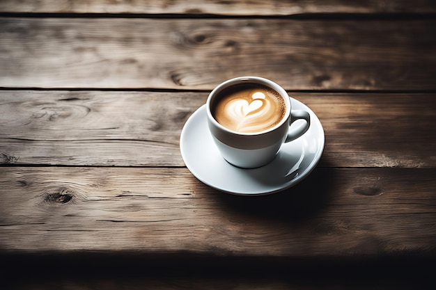 Eine Tasse Kaffee auf einem rustikalen Holztisch