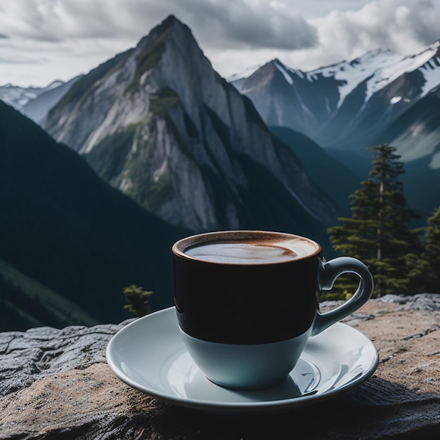 eine Tasse Kaffee auf einem Tisch mit einem Berg im Hintergrund.