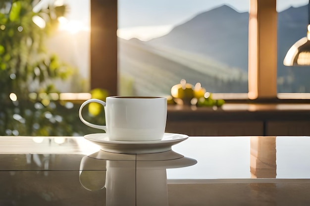 Eine Tasse Kaffee auf einem Tisch mit einer untergehenden Sonne dahinter.