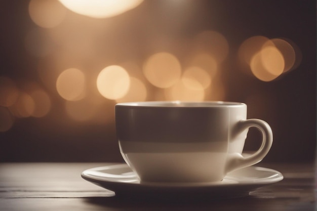 eine Tasse Kaffee auf einem Tisch mit verschwommenem Hintergrund mit einem verschwommenen Licht im Hintergrund.