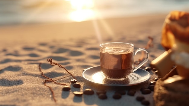 Eine Tasse Kaffee auf einer Untertasse am Strand. Generative KI-Kunst