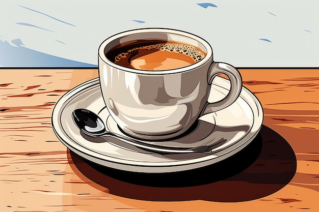 Eine Tasse Kaffee auf einer Untertasse mit einem Löffel Digitales Bild