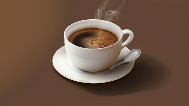 Eine Tasse Kaffee auf einer Untertasse mit einem silbernen Löffel Der Kaffee dampft und die Tasse ist weiß Der Hintergrund ist dunkelbraun